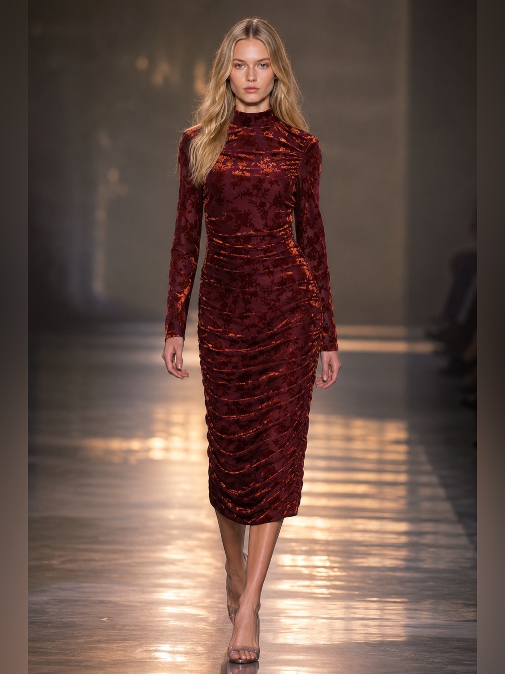 Belle Badgley Mischka Burnout Velvet Ruched Midi Dress KENDALL Size 10 NWT